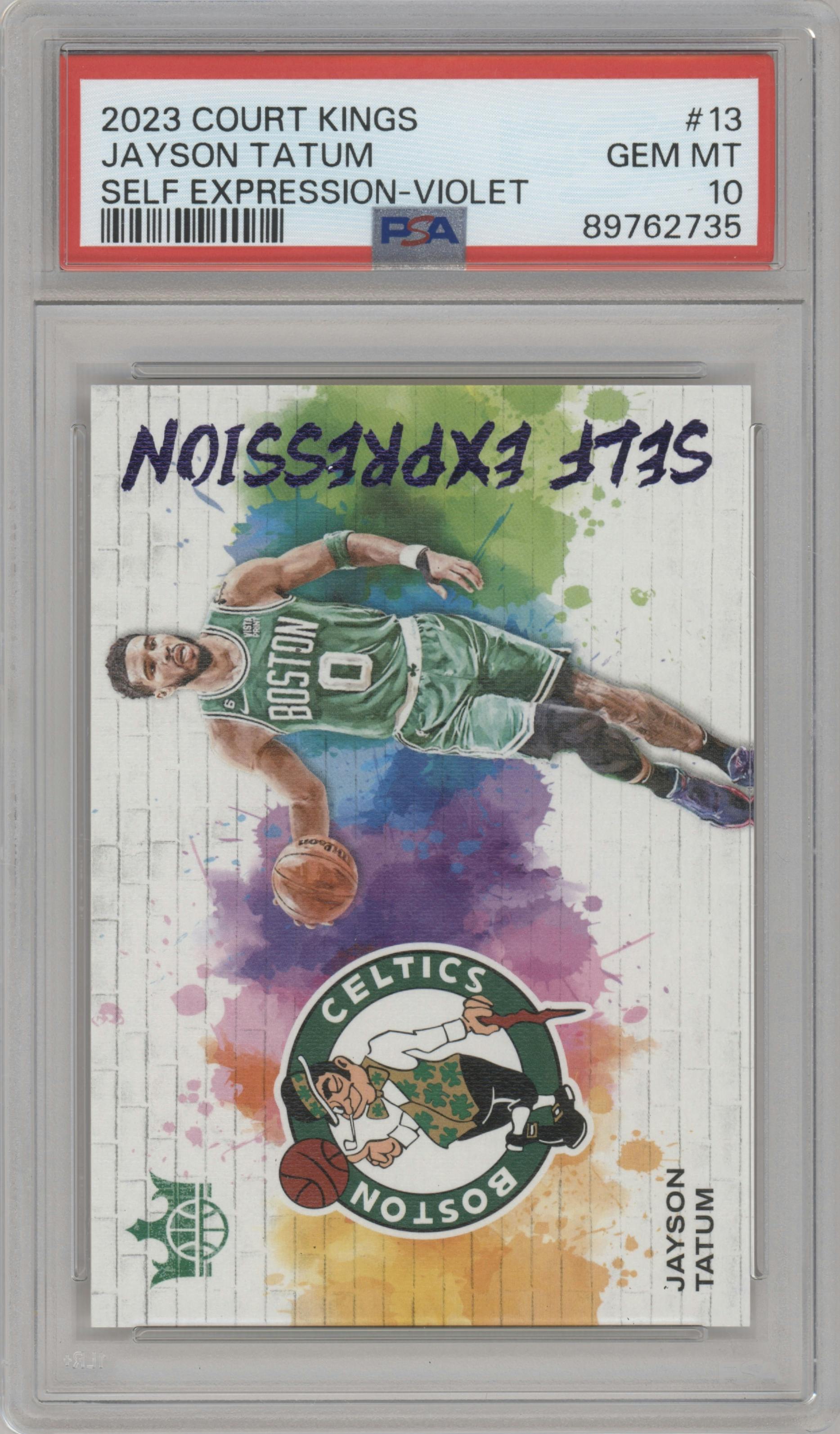 Jayson Tatum from the 2023-24 Panini Court Kings set featuring a Violet parallel graded by PSA and given an overall grade of 10.