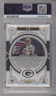 Jordan Love from the 2023 Panini Obsidian set featuring a Electric Etch Orange parallel graded by PSA and given an overall grade of 10.