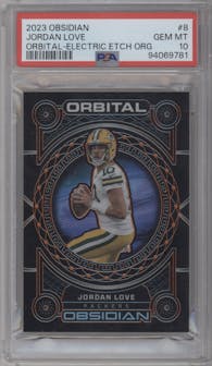 Jordan Love from the 2023 Panini Obsidian set featuring a Electric Etch Orange parallel graded by PSA and given an overall grade of 10.