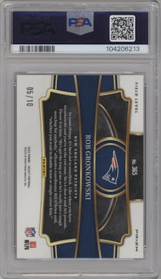 Rob Gronkowski from the 2023 Panini Select set featuring a Gold Dragon Scale parallel graded by PSA and given an overall grade of 10.