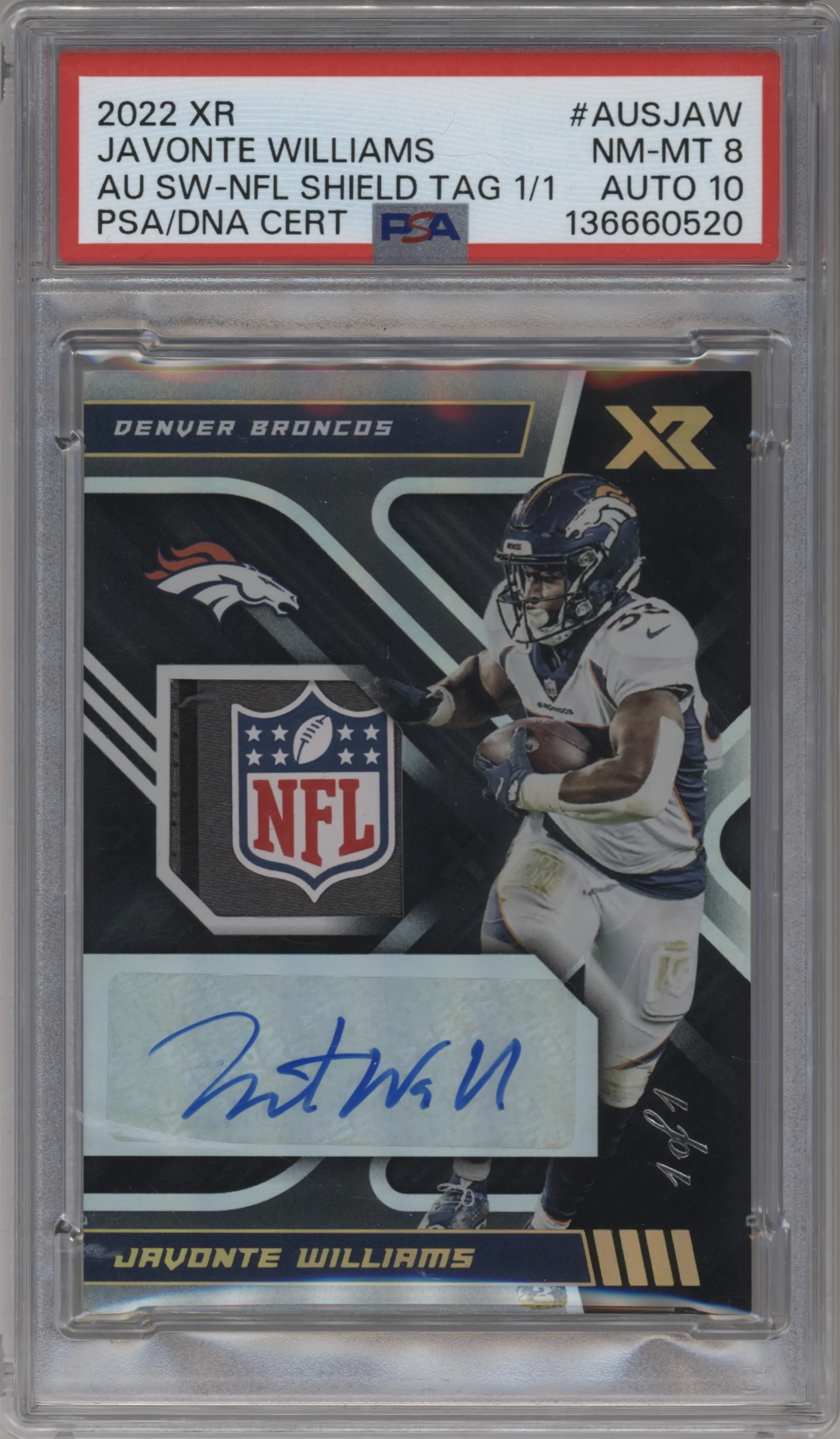 2022 Panini XR Auto Swch. Javonte Williams Laundry Tag NFL Shield #AUS-JAW PSA 8