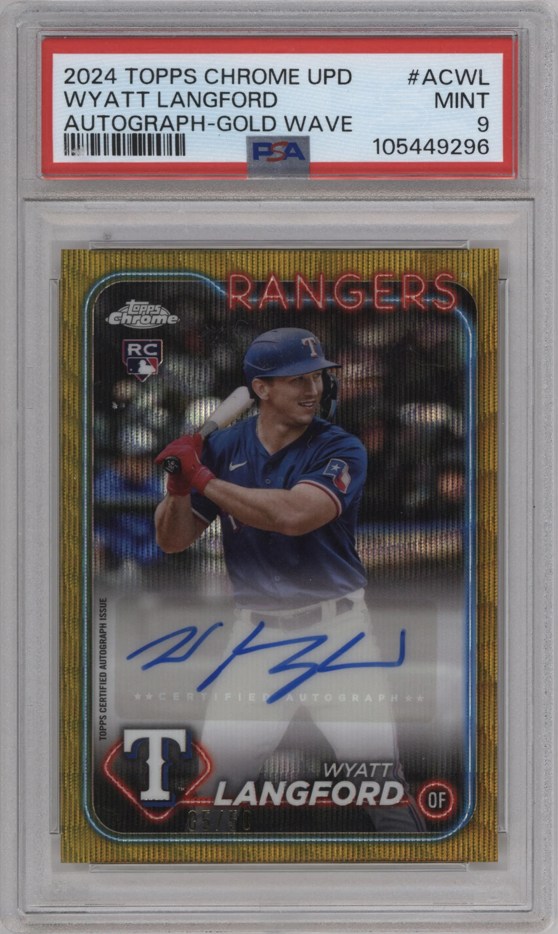 2024 Topps Chrome Update Auto Wyatt Langford Gold Wave Refractor #AC-WL PSA 9