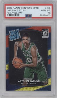 Jayson Tatum from the 2017-18 Panini Donruss Optic set featuring a Red/Yellow  parallel graded by PSA and given an overall grade of 10.