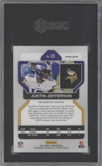 Justin Jefferson from the 2021 Panini Prizm set featuring a Black & White Checker parallel graded by SGC and given an overall grade of 9.5.