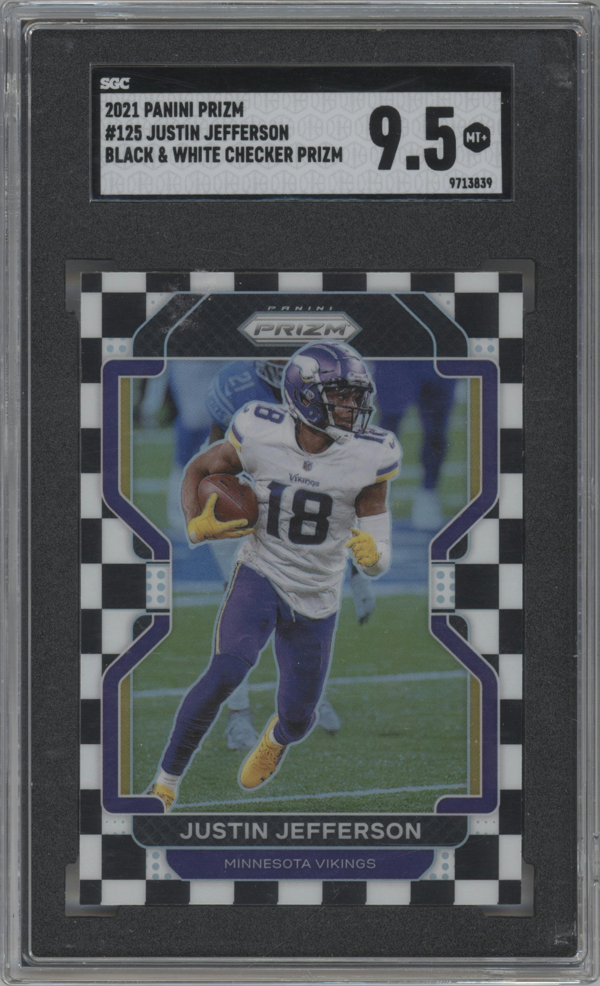 Justin Jefferson from the 2021 Panini Prizm set featuring a Black & White Checker parallel graded by SGC and given an overall grade of 9.5.