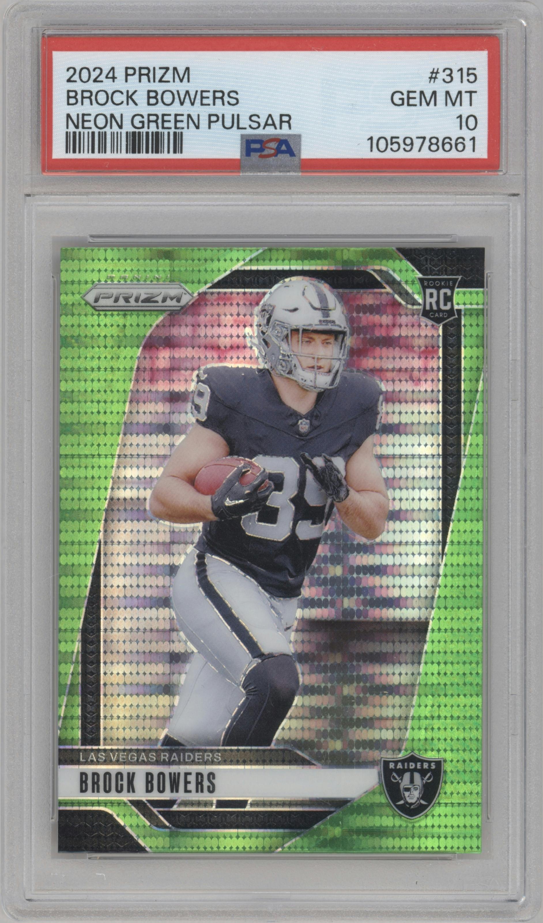 Brock Bowers from the 2024 Panini Prizm set featuring a Neon Green Pulsar  parallel graded by PSA and given an overall grade of 10.