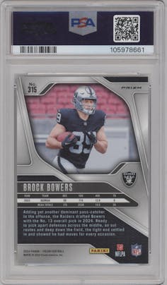 Brock Bowers from the 2024 Panini Prizm set featuring a Neon Green Pulsar  parallel graded by PSA and given an overall grade of 10.