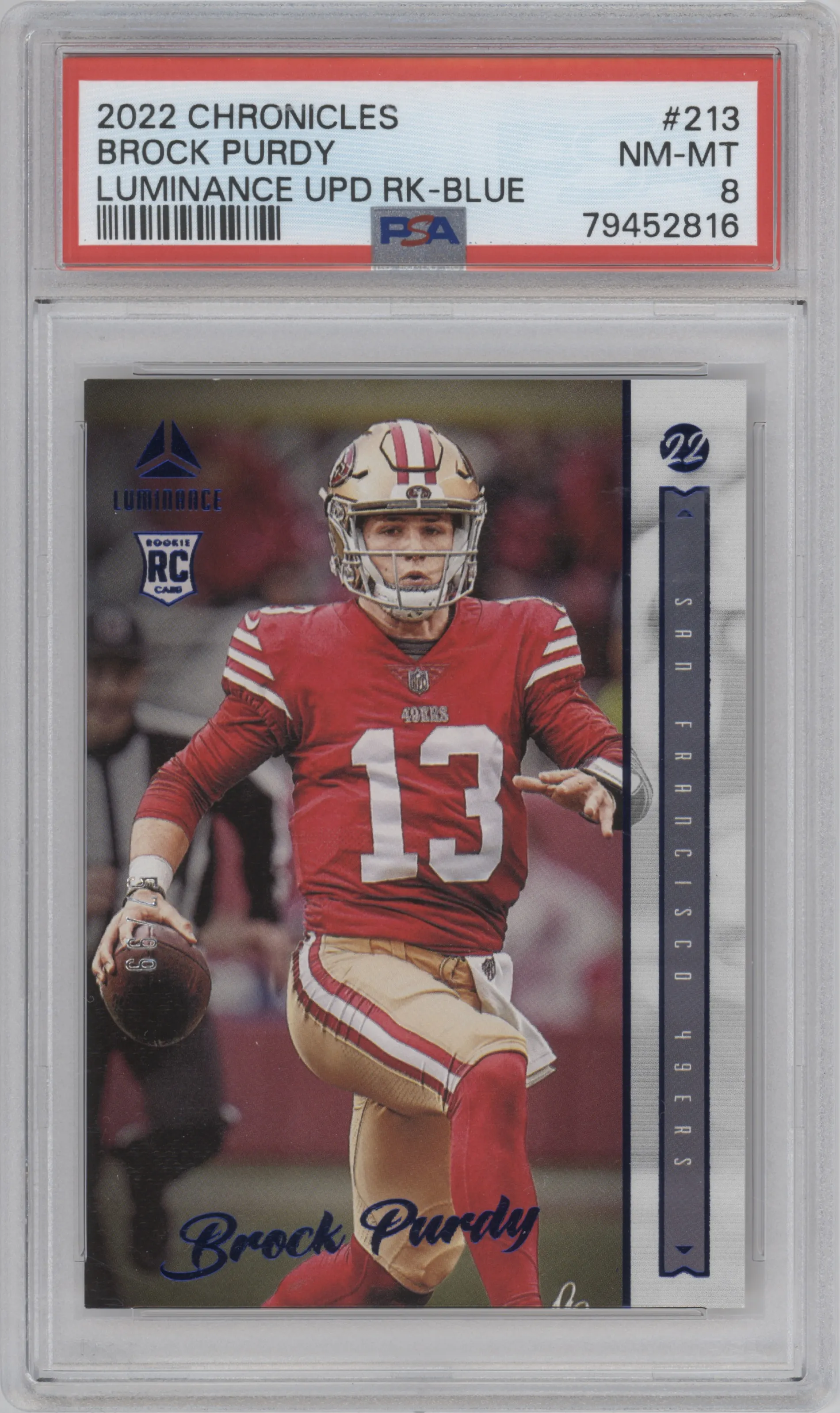 2022 Panini Chronicles Luminance Update Rke. Brock Purdy Blue PSA 8