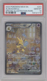 Alakazam EX from the 2023 Pokemon SV set graded by PSA and given an overall grade of 10.