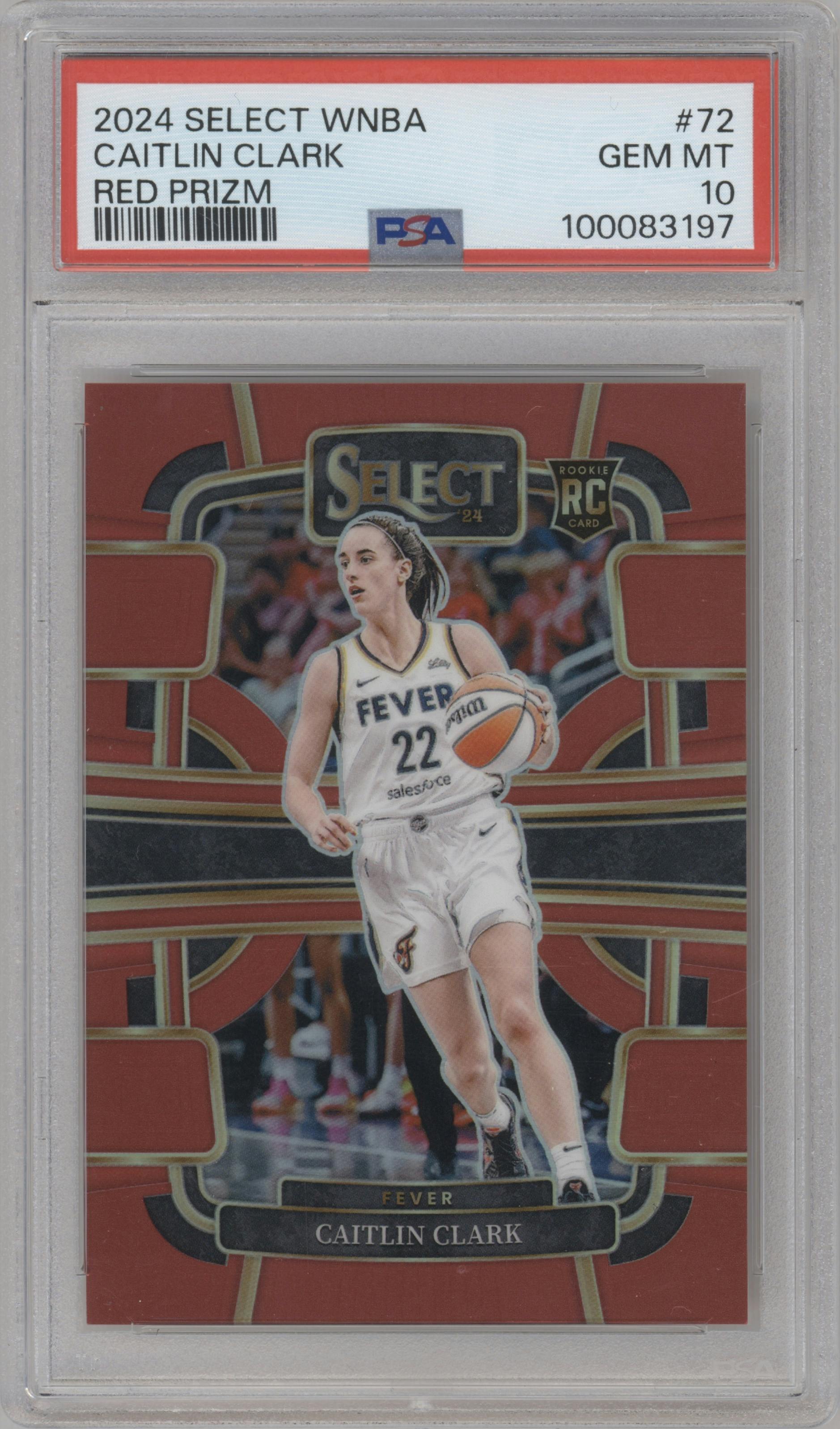 Caitlin Clark from the 2024 Panini Select WNBA set featuring a Red Prizm parallel graded by PSA and given an overall grade of 10.
