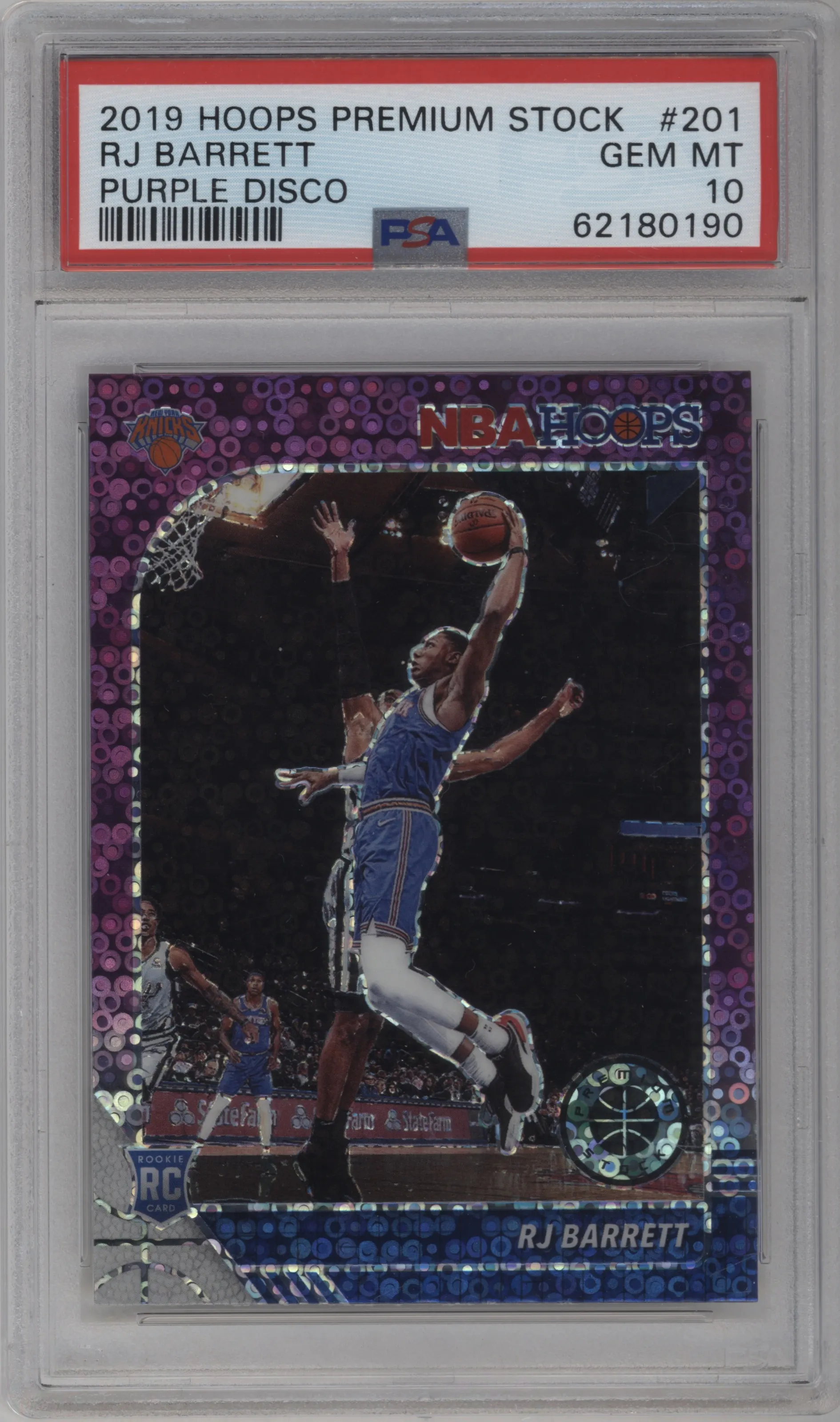2019 Panini Hoops Premium Stock RJ Barrett Purple Disco PSA 10