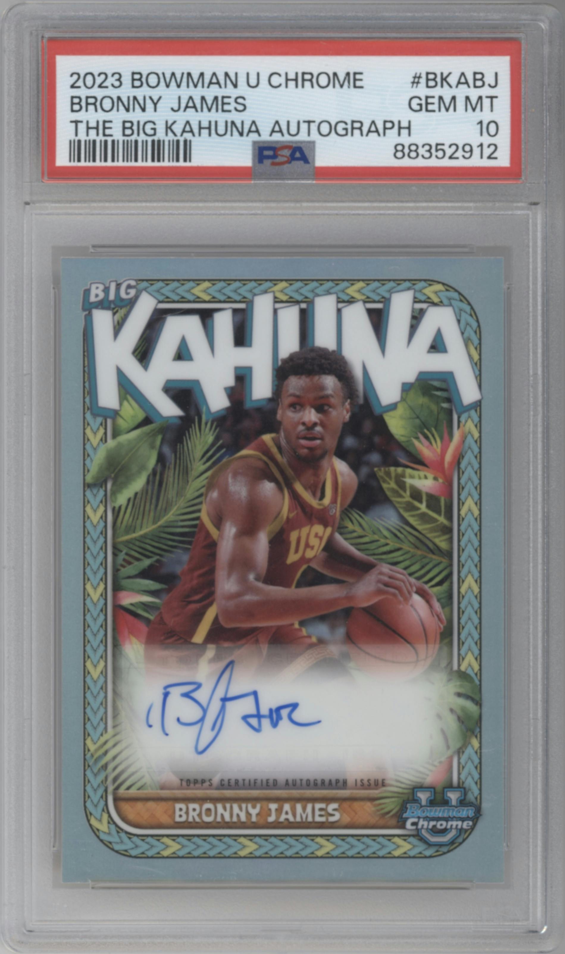 Bronny James from the 2023-24 Bowman U Chrome set graded by PSA and given an overall grade of 10.