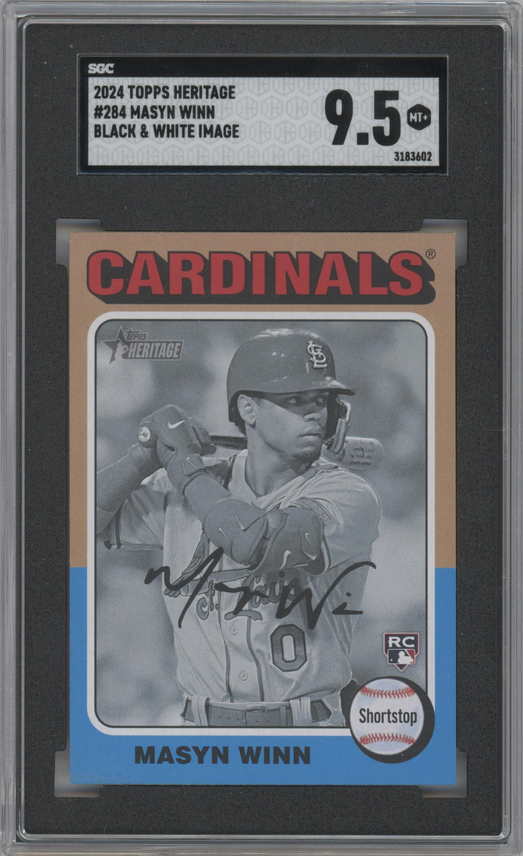 Masyn Winn from the 2024 Topps Heritage set featuring a Black and White Image parallel graded by SGC and given an overall grade of 9.5.