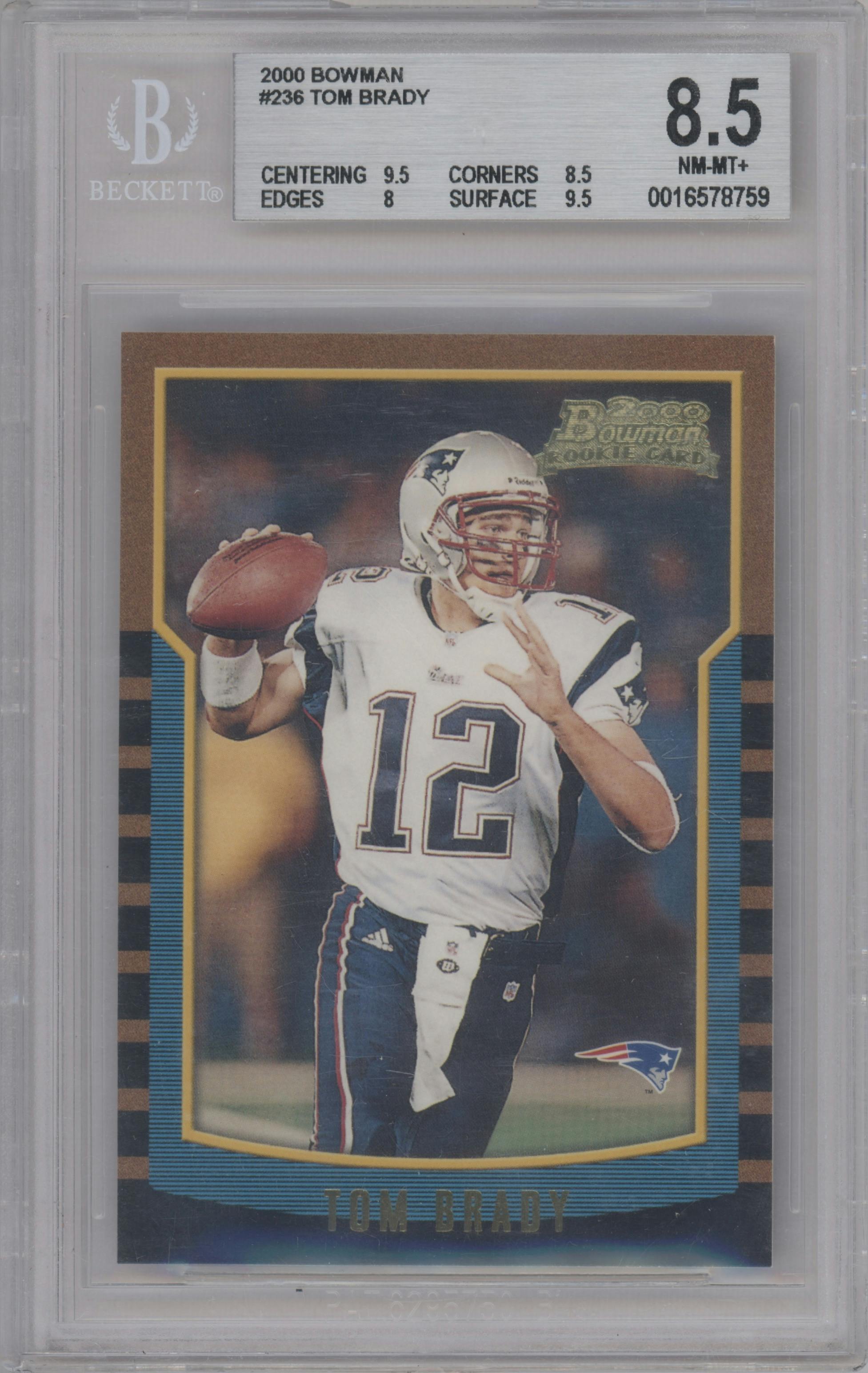 Tom Brady from the 2000 Bowman set graded by Beckett and given an overall grade of 8.5.