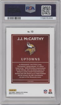 J.J. McCarthy from the 2024 Donruss Optic set graded by PSA and given an overall grade of 9.