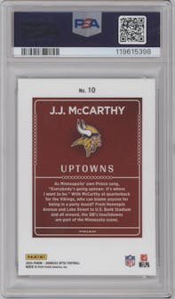 J.J. McCarthy from the 2024 Donruss Optic set graded by PSA and given an overall grade of 9.