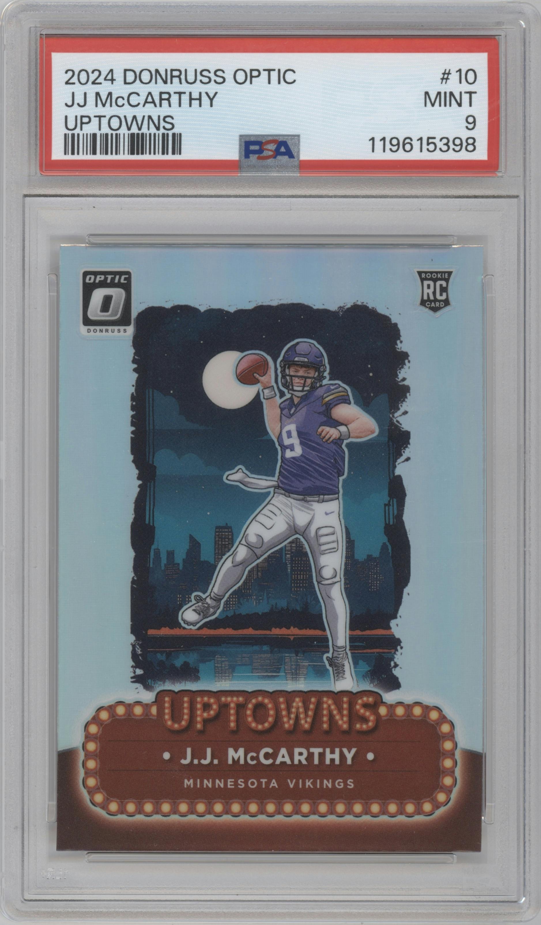 J.J. McCarthy from the 2024 Donruss Optic set graded by PSA and given an overall grade of 9.