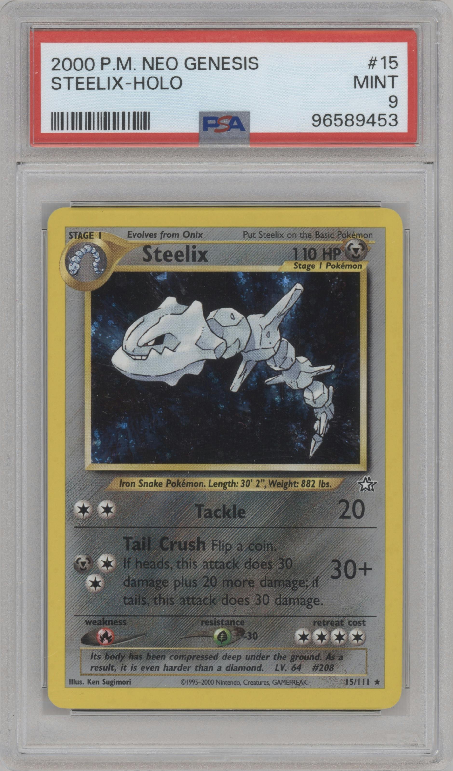 Steelix from the 2000 Pokemon Neo Genesis set graded by PSA and given an overall grade of 9.