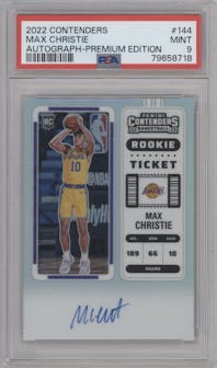 Max Christie from the 2022-23 Panini Contenders set featuring a Premium Edition parallel graded by PSA and given an overall grade of 9.