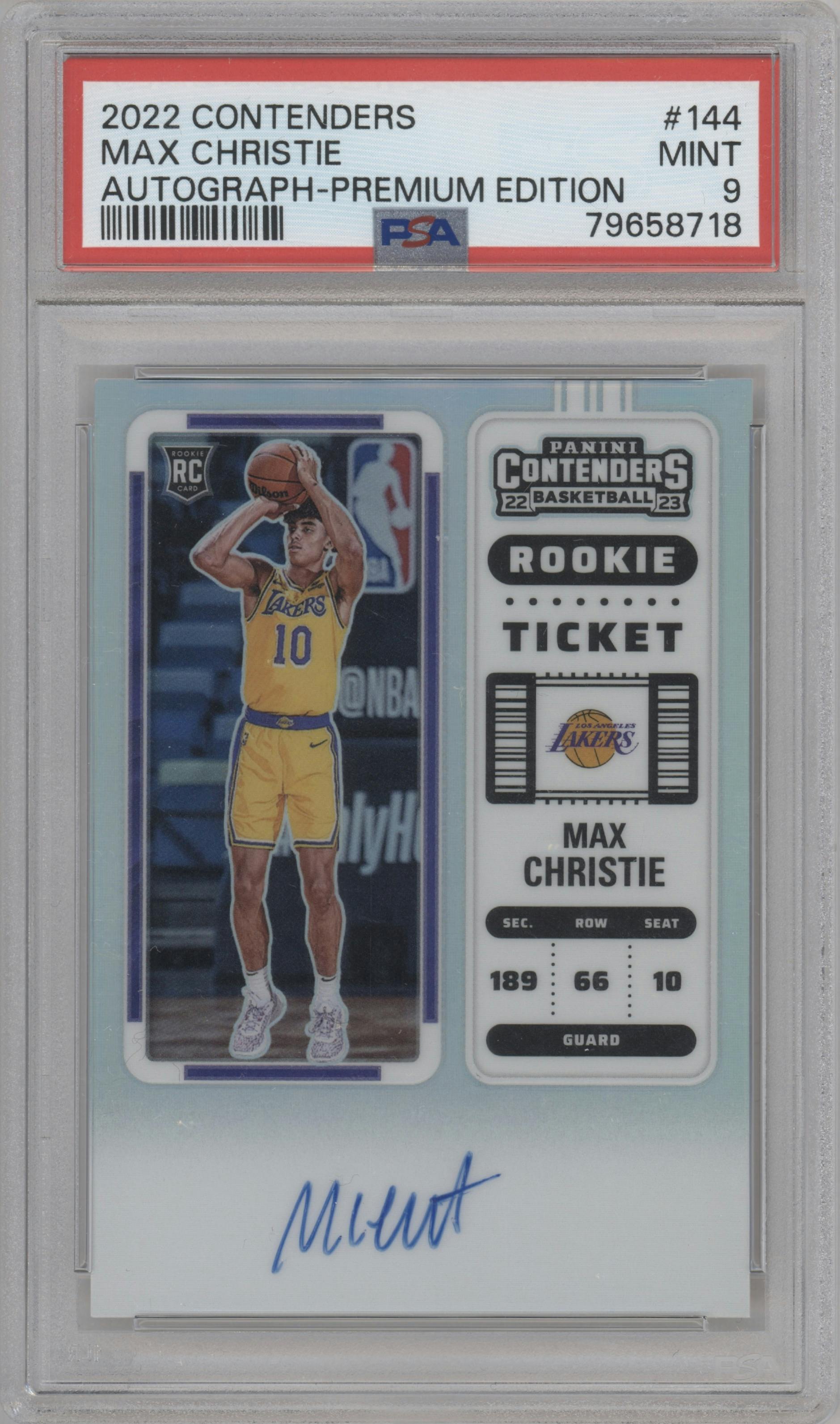 Max Christie from the 2022-23 Panini Contenders set featuring a Premium Edition parallel graded by PSA and given an overall grade of 9.