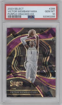 Victor Wembanyama from the 2023-24 Panini Select  set featuring a Purple Cracked Ice parallel graded by PSA and given an overall grade of 10.