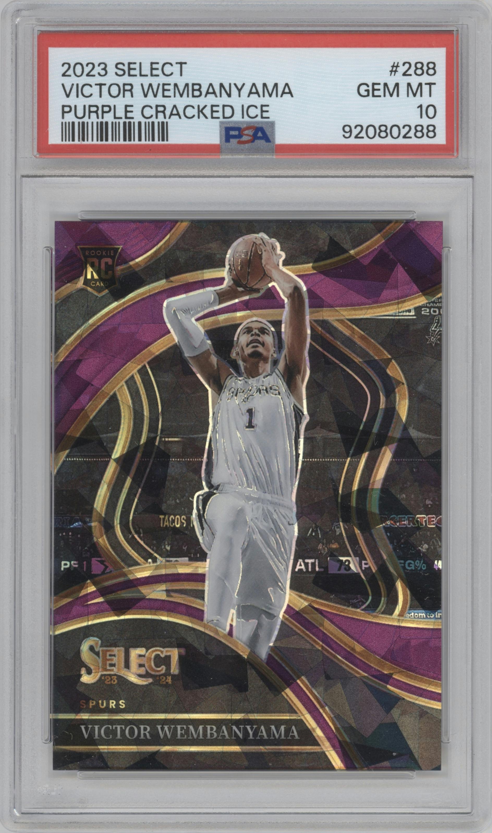 Victor Wembanyama from the 2023-24 Panini Select  set featuring a Purple Cracked Ice parallel graded by PSA and given an overall grade of 10.