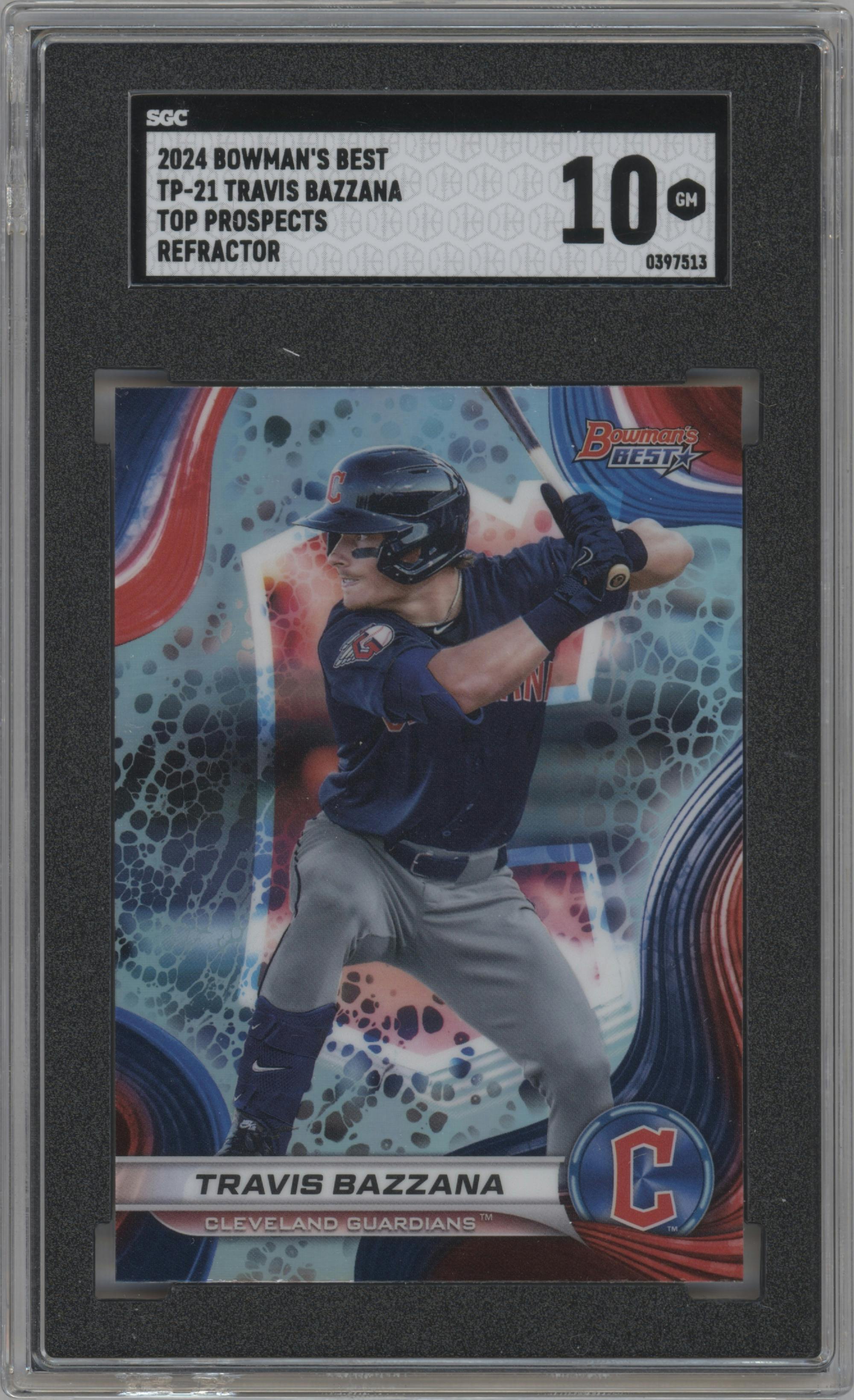 Travis Bazzana from the 2024 Bowman's Best set featuring a Refractor parallel graded by SGC and given an overall grade of 10.