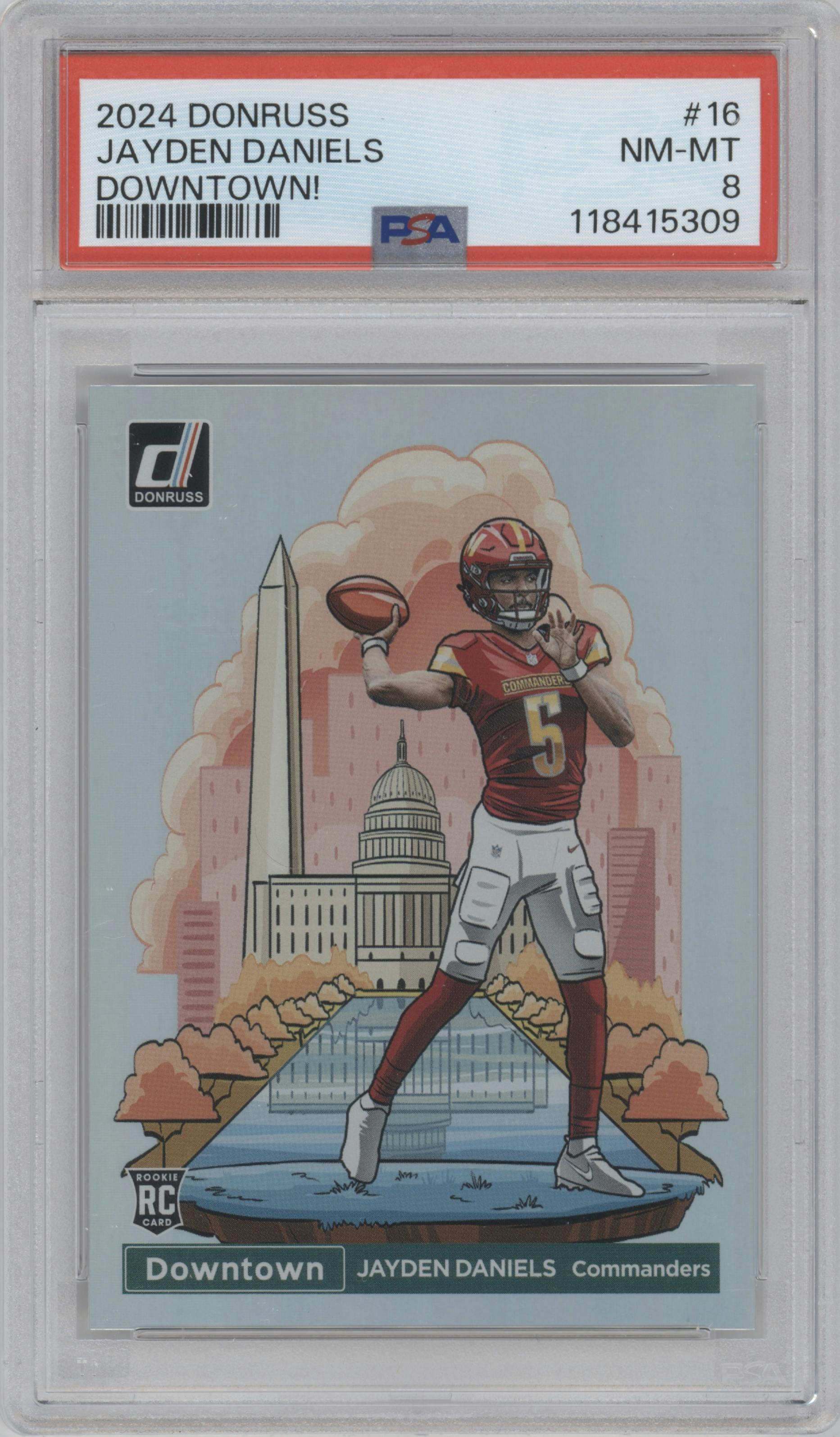 Jayden Daniels from the 2024 Donruss set graded by PSA and given an overall grade of 8.