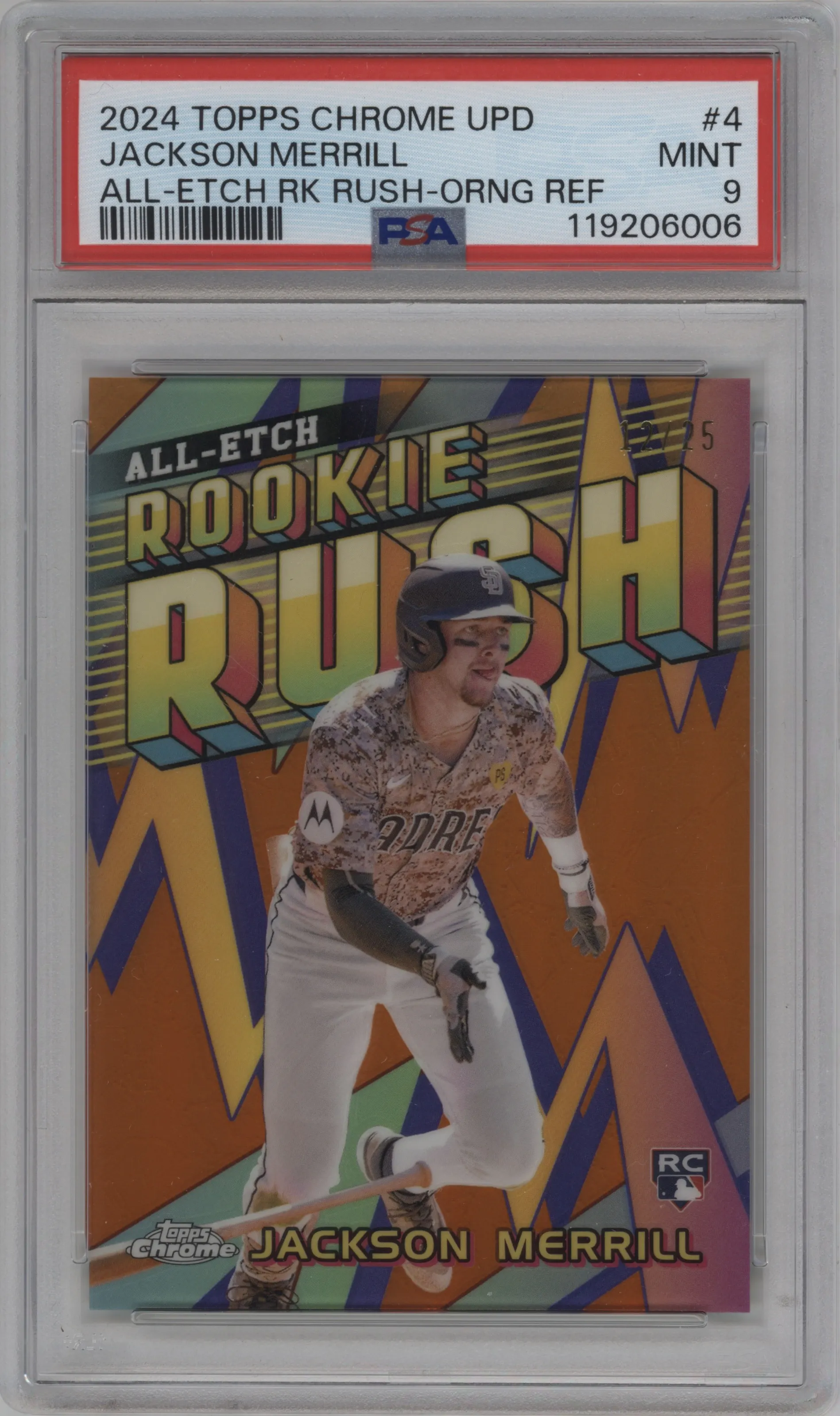 2024 Topps Chrome Update Chr.All-Etch Rke.Rush Jackson Merrill Orange Refractor #CAERU-4 PSA 9