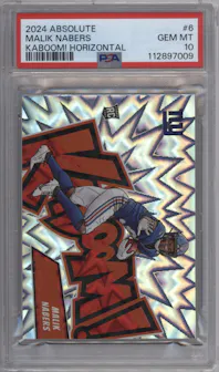 Malik Nabers from the 2024 Panini Absolute set graded by PSA and given an overall grade of 10.