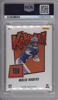 Malik Nabers from the 2024 Panini Absolute set graded by PSA and given an overall grade of 10.