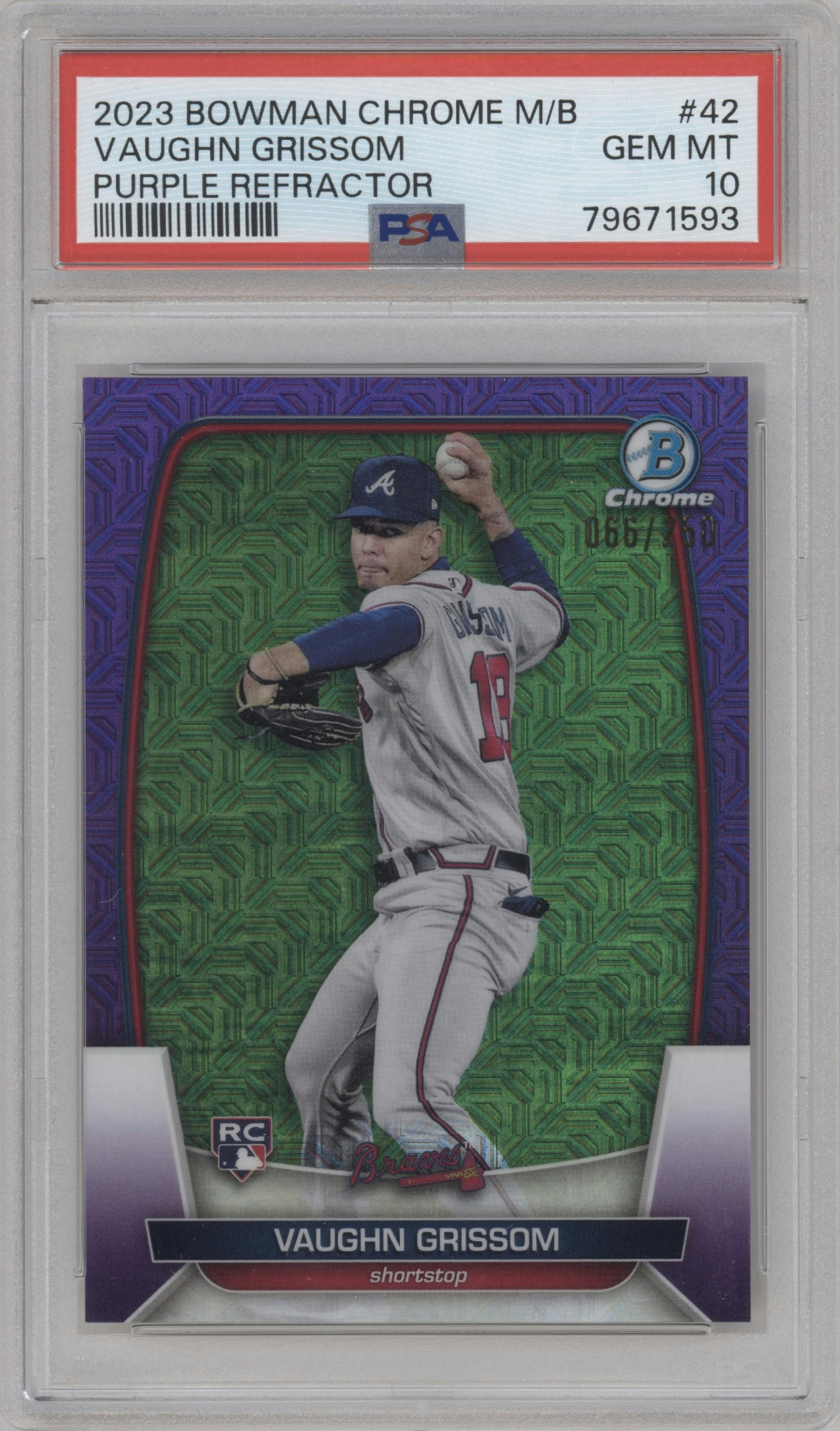 Vaughn Grissom from the 2023 Bowman Mega Box set featuring a Purple Refractor parallel graded by PSA and given an overall grade of 10.