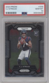 C.J. Stroud from the 2023 Panini Prizm set graded by PSA and given an overall grade of 10.