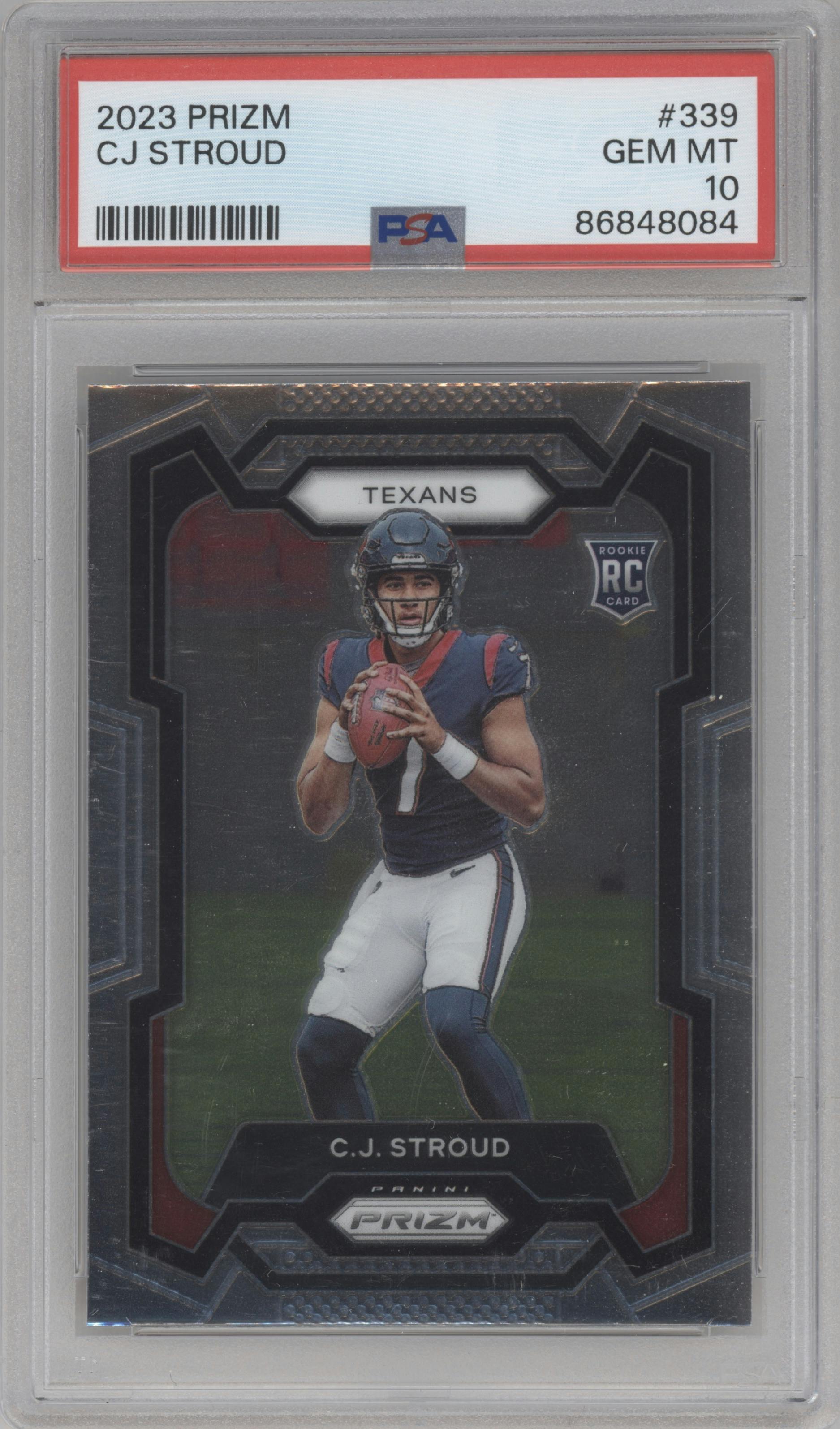 C.J. Stroud from the 2023 Panini Prizm set graded by PSA and given an overall grade of 10.