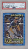Jackson Chourio from the 2024 Topps Chrome set featuring a Blue Sonar Refractor parallel graded by PSA and given an overall grade of 10.