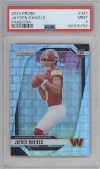 Jayden Daniels from the 2024 Panini Prizm set featuring a Pandora parallel graded by PSA and given an overall grade of 9.