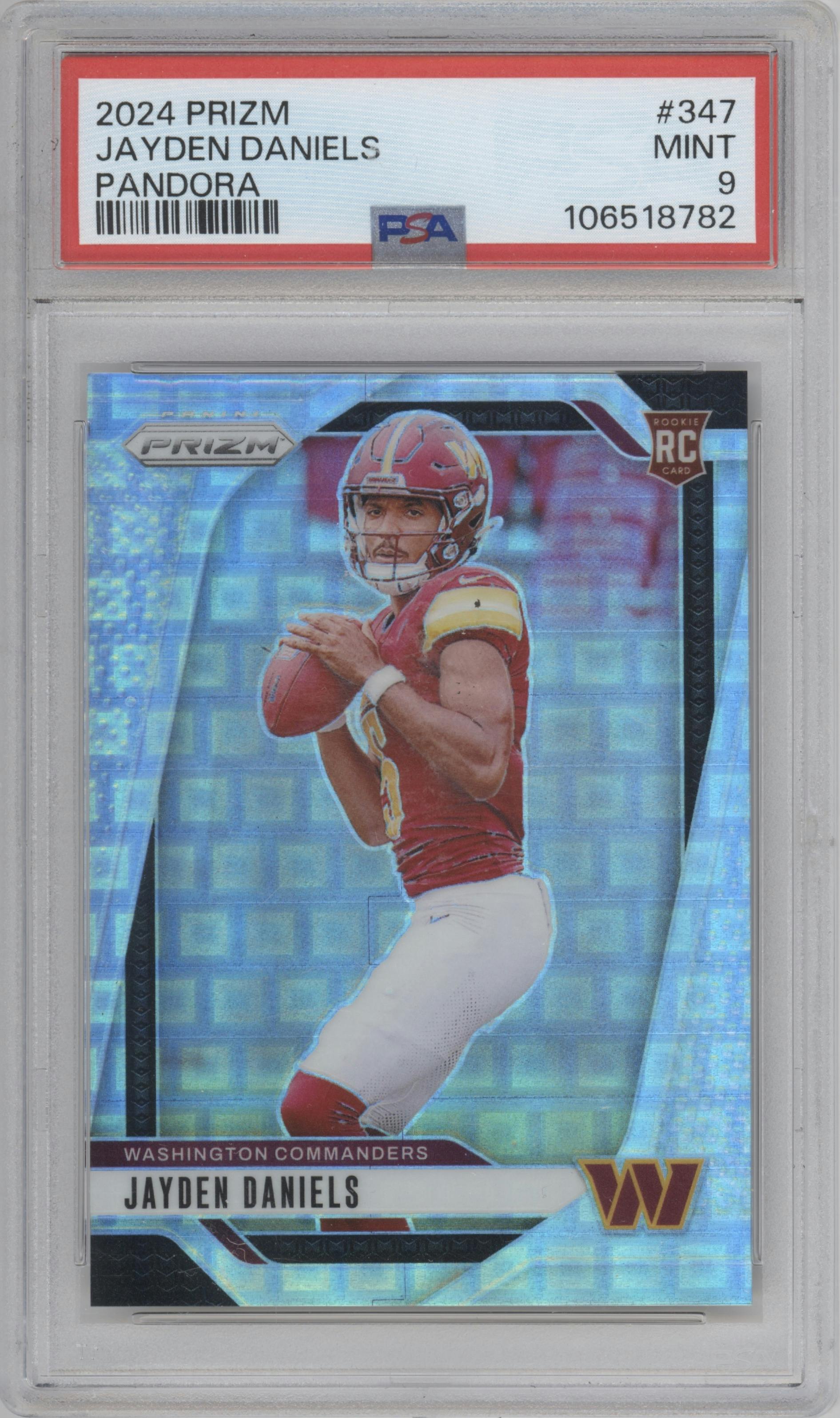 Jayden Daniels from the 2024 Panini Prizm set featuring a Pandora parallel graded by PSA and given an overall grade of 9.