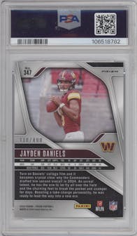 Jayden Daniels from the 2024 Panini Prizm set featuring a Pandora parallel graded by PSA and given an overall grade of 9.