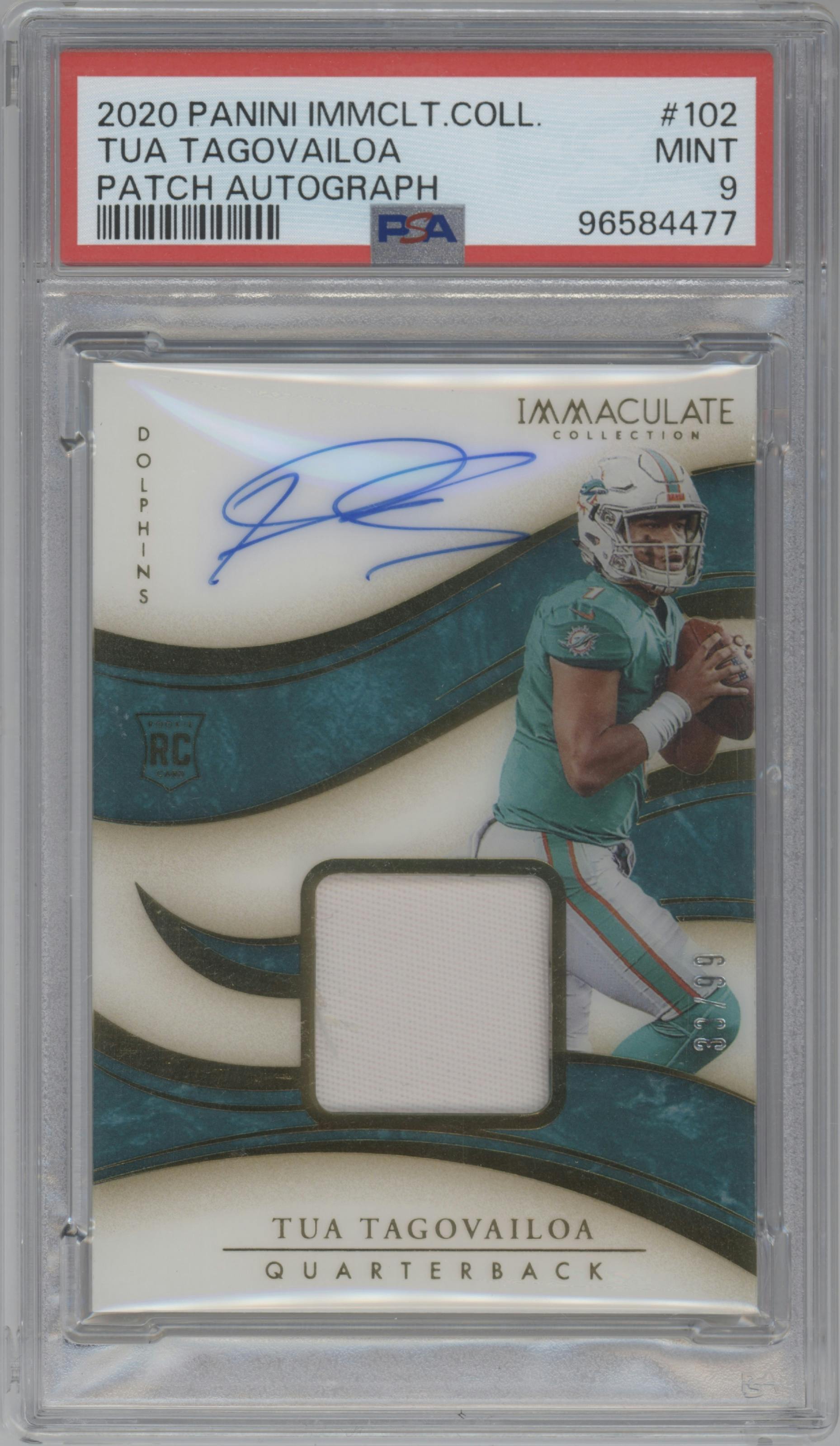 Tua Tagovailoa from the 2020 Panini Immaculate Collection set graded by PSA and given an overall grade of 9.