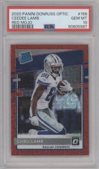 CeeDee Lamb from the 2020 Panini Donruss Optic set featuring a Red Mojo parallel graded by PSA and given an overall grade of 10.