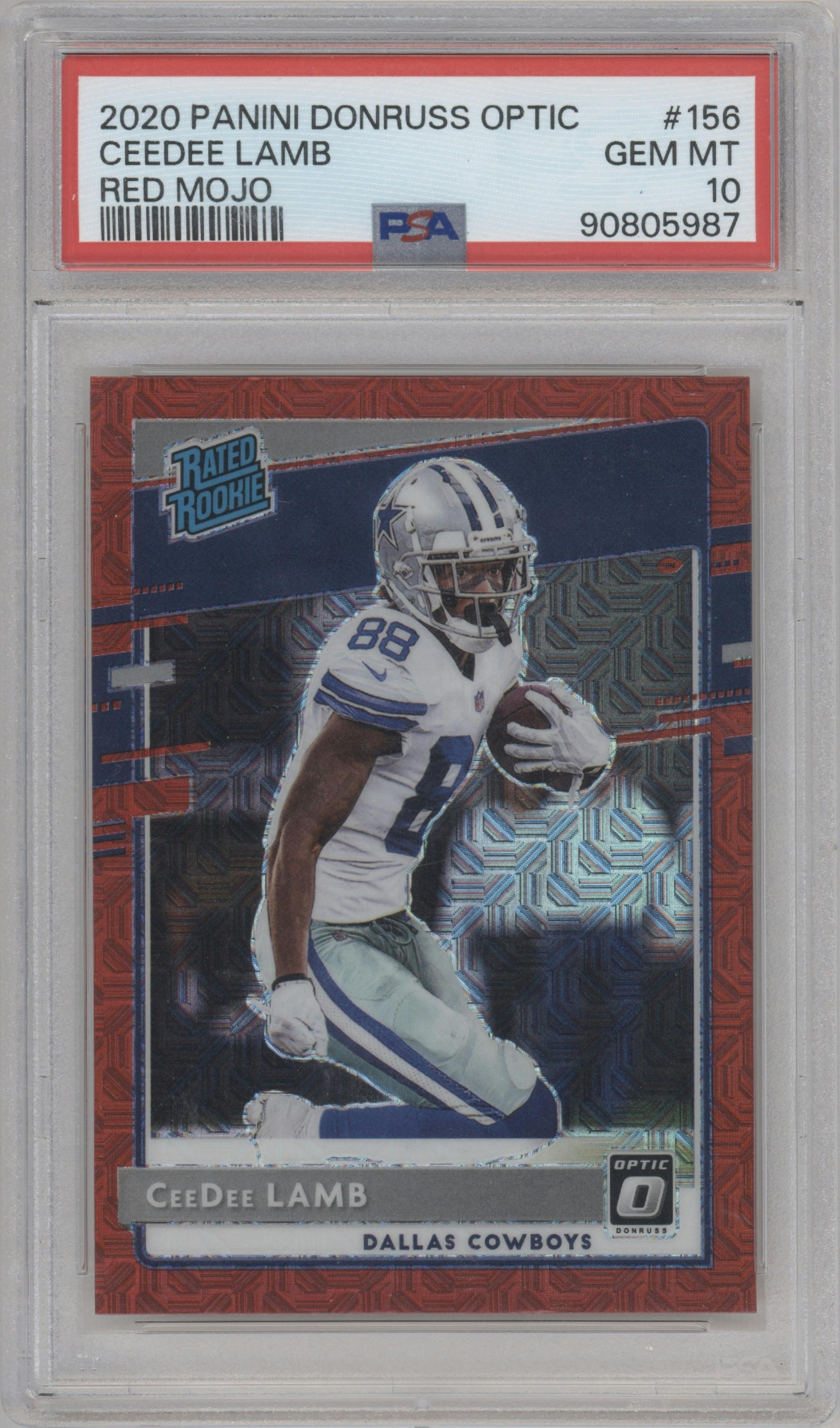 CeeDee Lamb from the 2020 Panini Donruss Optic set featuring a Red Mojo parallel graded by PSA and given an overall grade of 10.