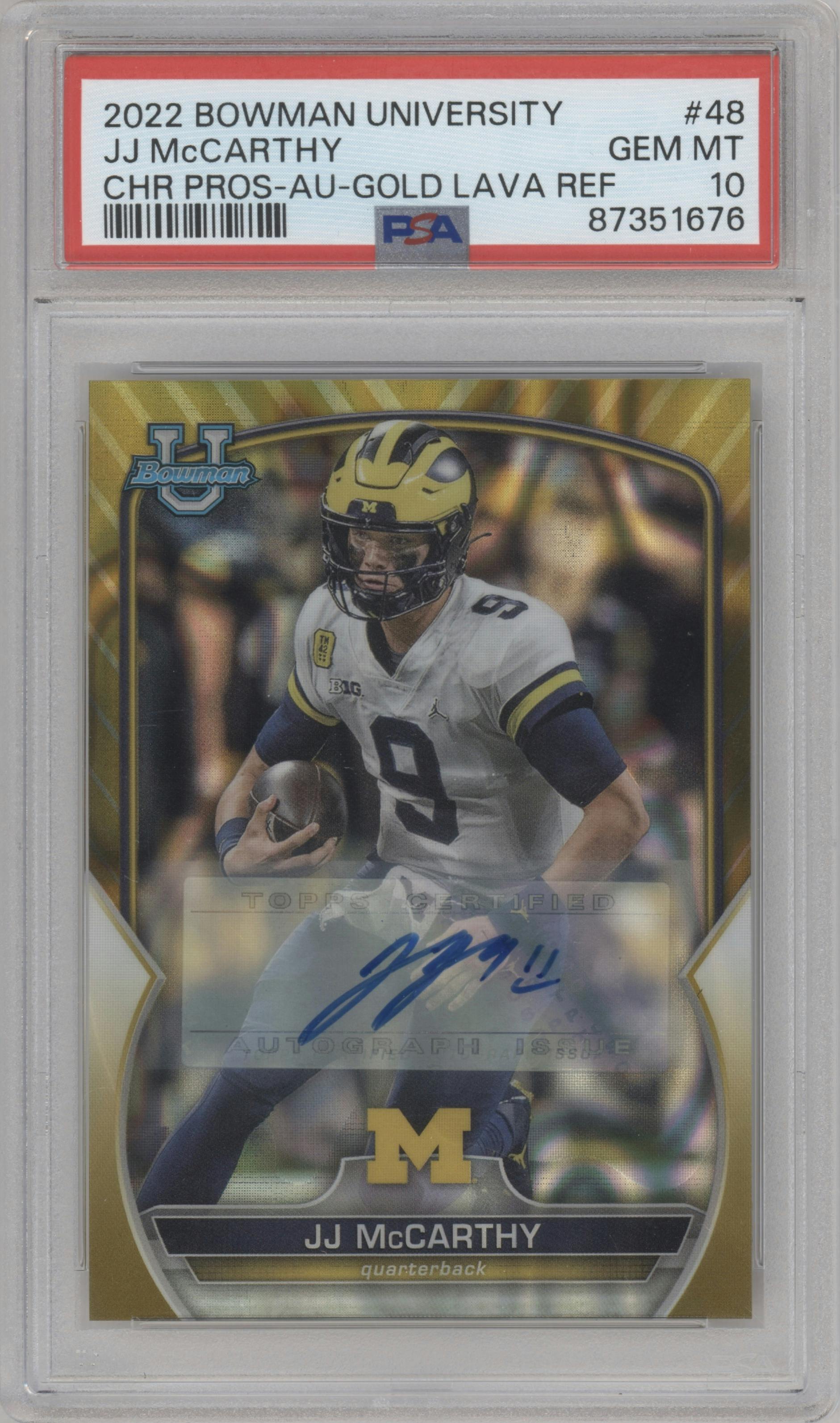 JJ McCarthy from the 2022 Bowman University Chrome set featuring a Gold Lava Refractor parallel graded by PSA and given an overall grade of 10.