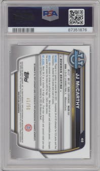 JJ McCarthy from the 2022 Bowman University Chrome set featuring a Gold Lava Refractor parallel graded by PSA and given an overall grade of 10.