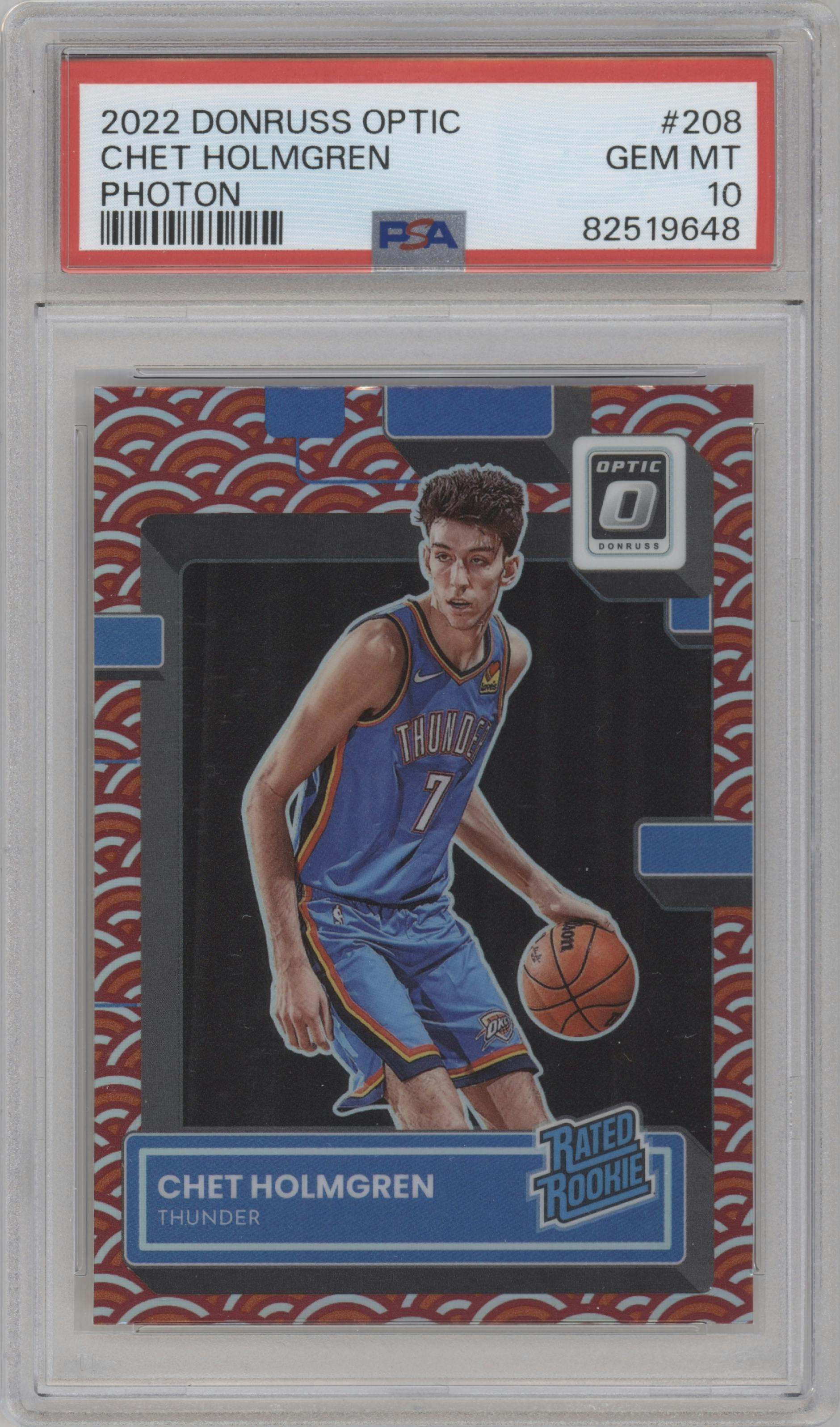 Chet Holmgren from the 2022-23 Panini Donruss Optic  set featuring a Photon parallel graded by PSA and given an overall grade of 10.