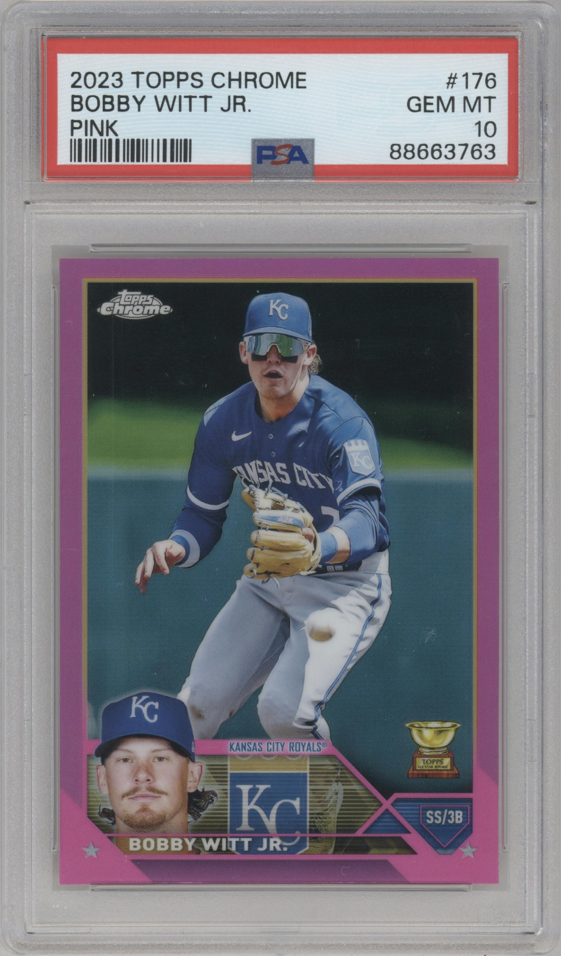  Bobby Witt Jr. from the 2023 Topps Chrome set featuring a Pink Refractor parallel graded by PSA and given an overall grade of 10.