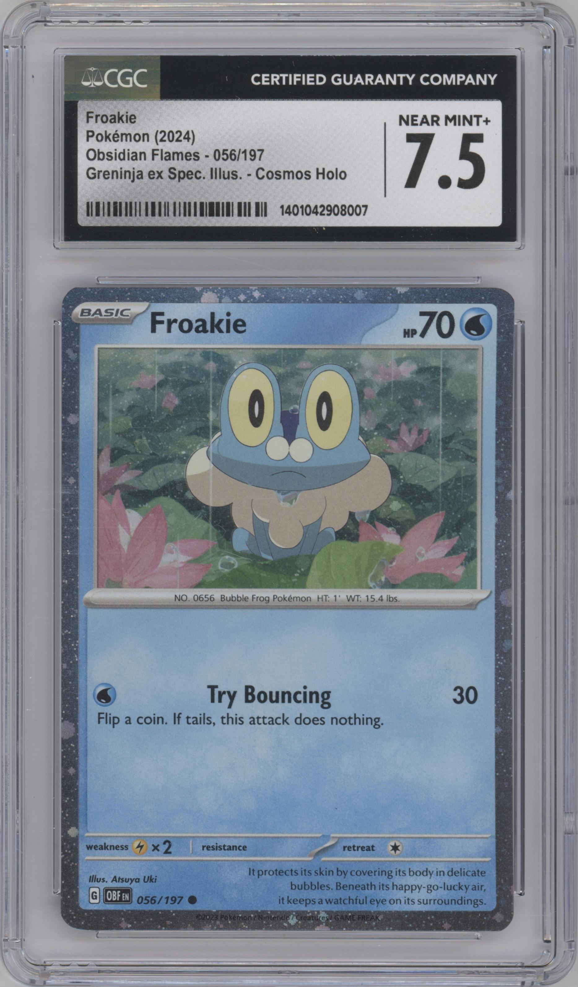 Froakie from the 2023 Pokemon SV set featuring a Cosmos Holo Shrouded Fable Greninja Special Illustration Collection parallel graded by CSG and given an overall grade of 7.5.