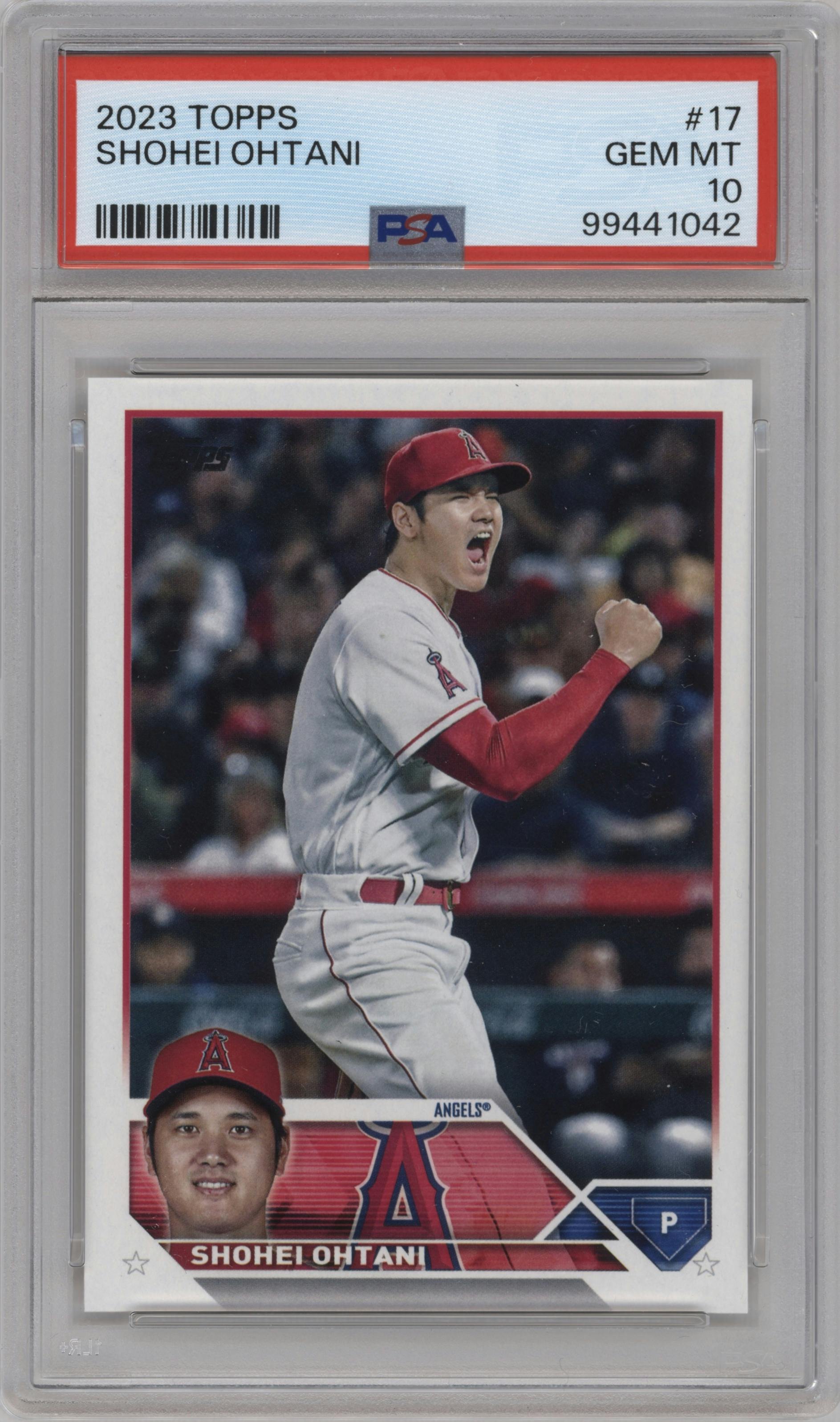 Shohei Ohtani from the 2023 Topps Series 1 set graded by PSA and given an overall grade of 10.