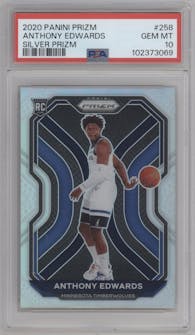 Anthony Edwards from the 2020-21 Panini Prizm set featuring a Silver Prizm parallel graded by PSA and given an overall grade of 10.