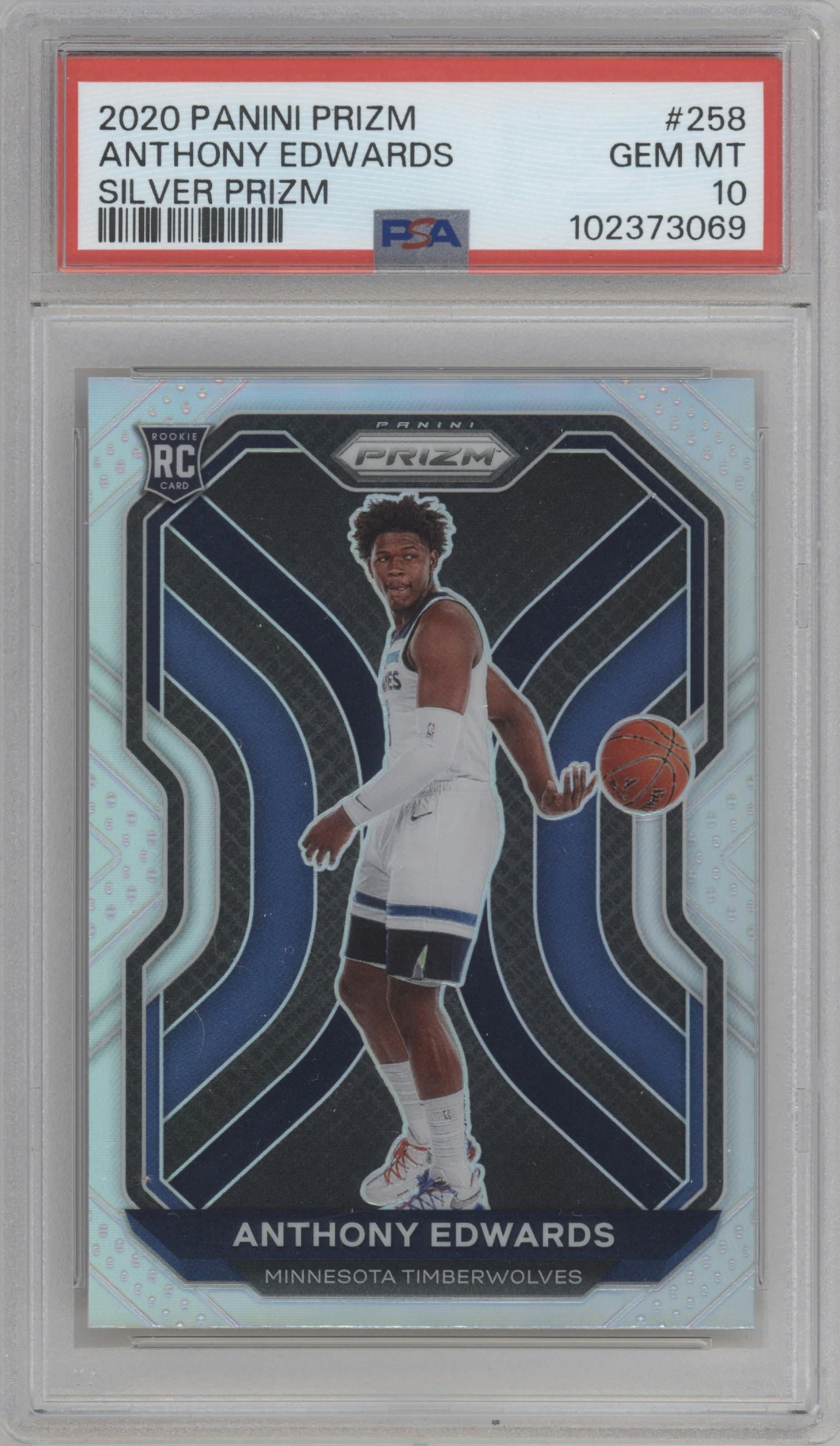 Anthony Edwards from the 2020-21 Panini Prizm set featuring a Silver Prizm parallel graded by PSA and given an overall grade of 10.