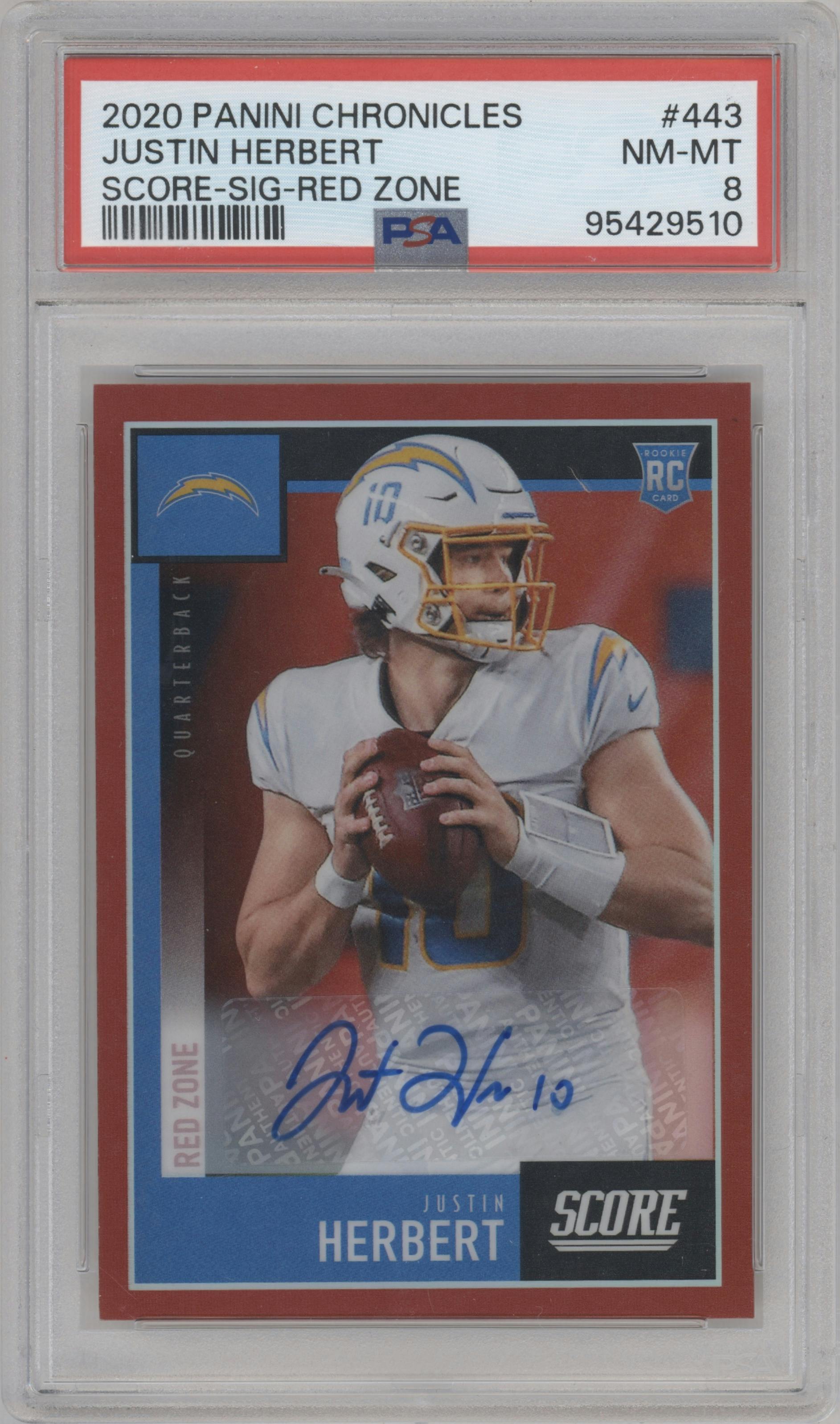 Justin Herbert from the 2020 Panini Chronicles set featuring a Red Zone parallel graded by PSA and given an overall grade of 8.